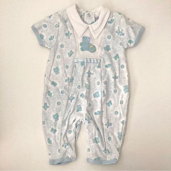 3/$20 My Stars Blue White Embroidered Bear Toys Print Collared Romper Outfit - Picture 1 of 4